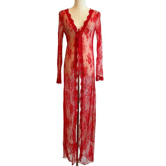 Red Sheer Lace Robe Womens Medium Long Sleeve Maxi Duster Lingerie Vampire Witch - Picture 1 of 7